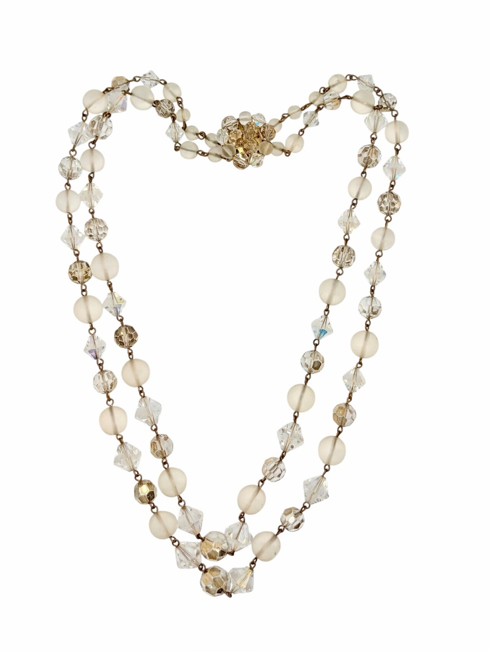 Vintage 50s multi-strand satin glass and crystal beaded necklace
